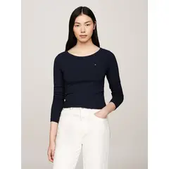 TOMMY HILFIGER - Polera Acanalada Con Logo Azul