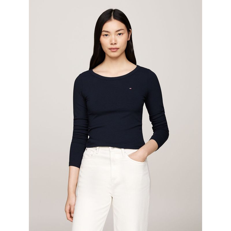 TOMMY HILFIGER - Polera Acanalada Con Logo Azul Tommy Hilfiger
