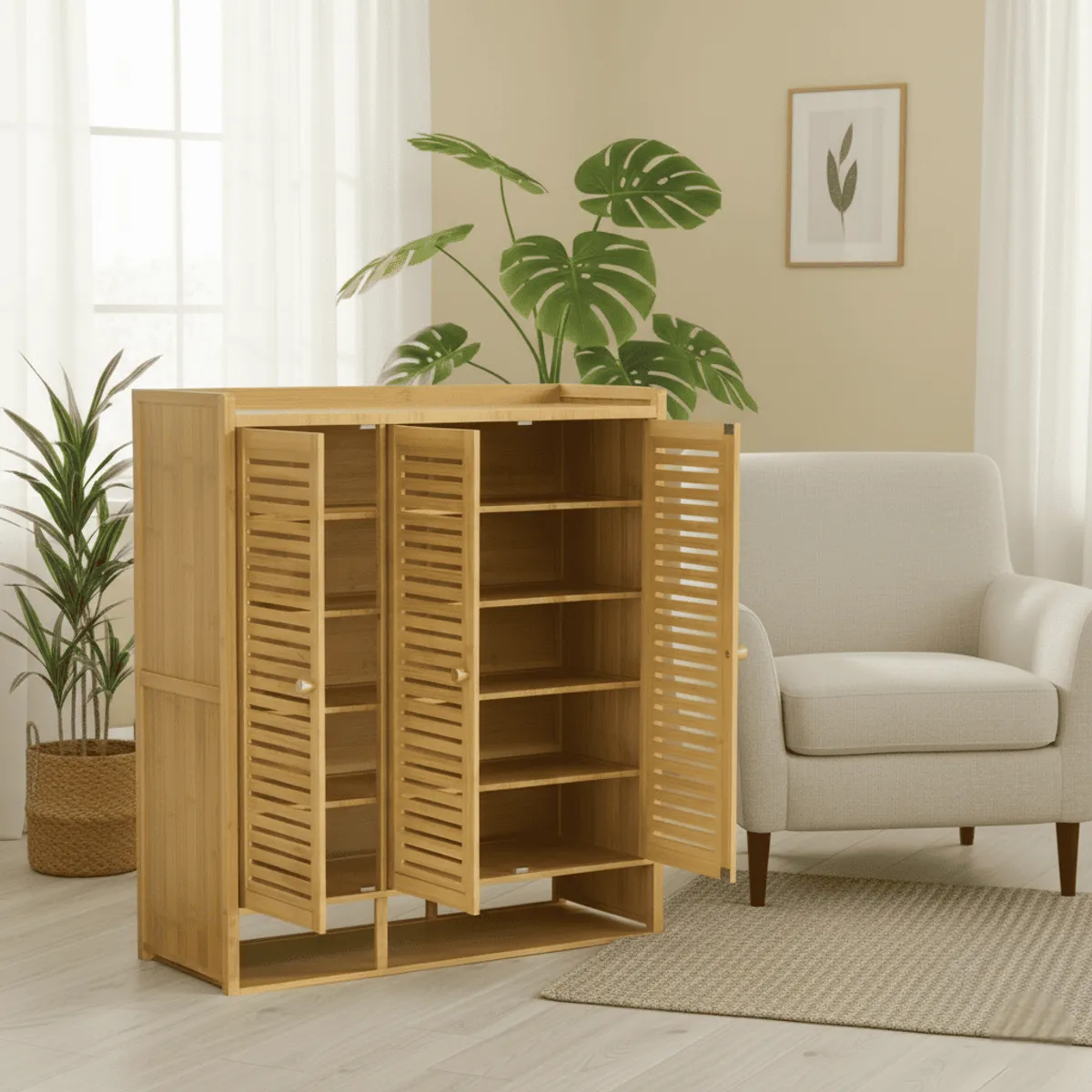 HALMAN - Zapatero de Bambú con 7 Estantes y Puertas Plegables