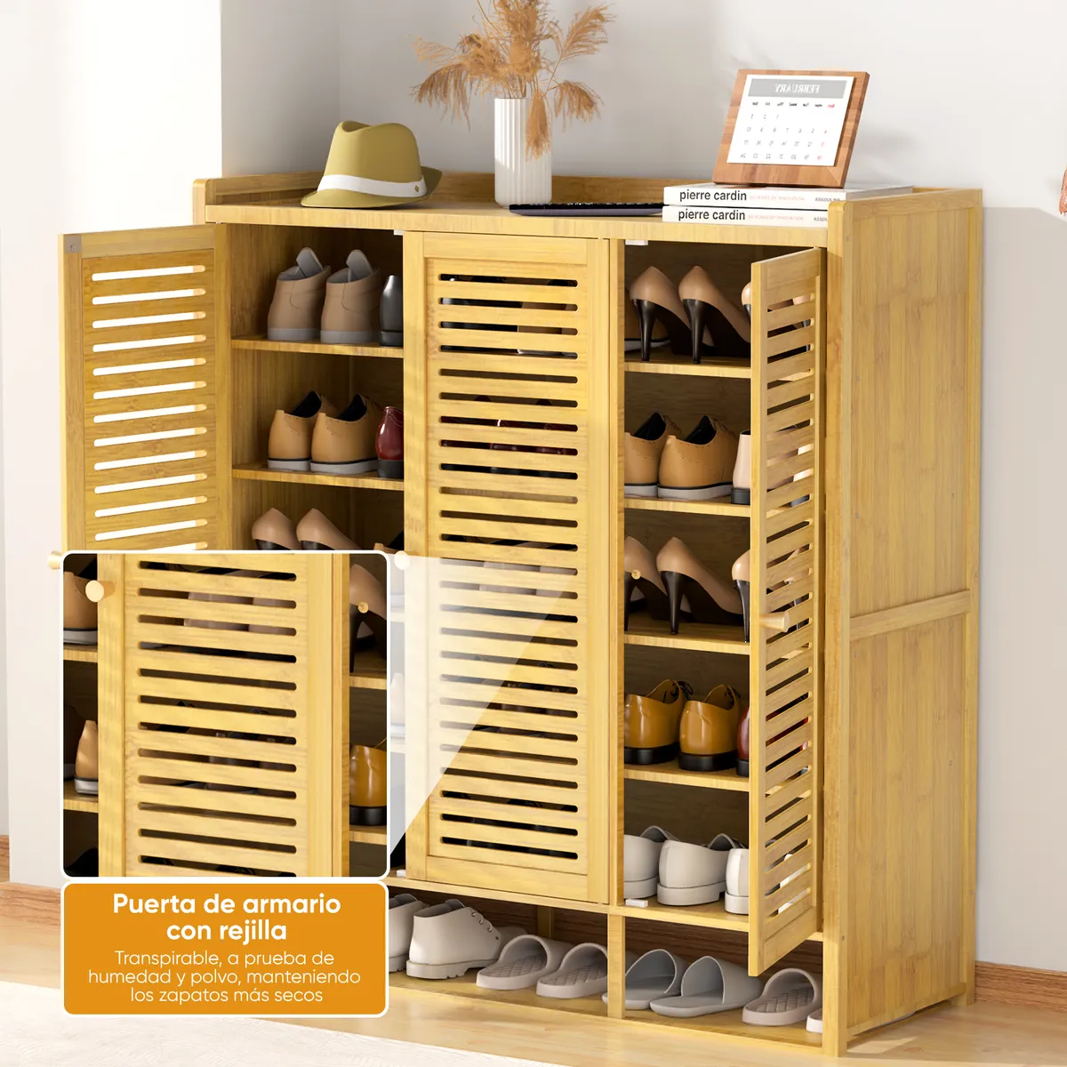 HALMAN - Zapatero de Bambú con 7 Estantes y Puertas Plegables