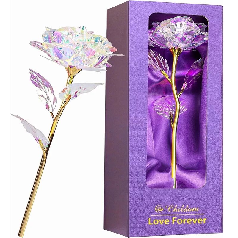 EDWINAYY - Rosa Eterna Rosa Artificial Tallo Dorado Luces Led Flor