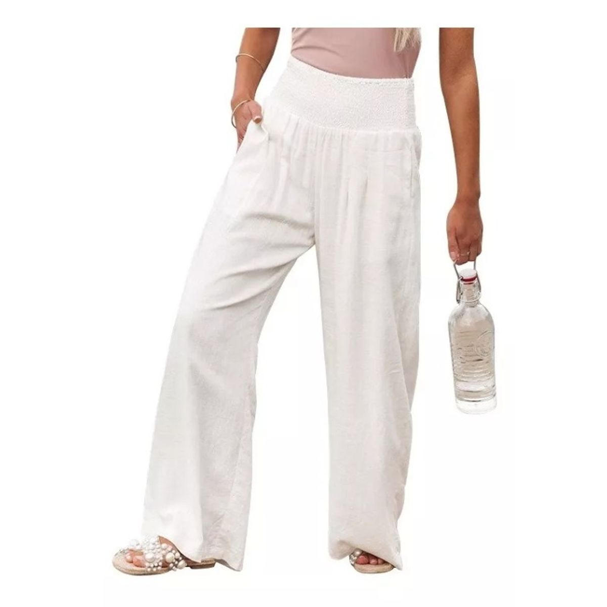 GIOIO - Pantalones Anchos De Lino Para Mujer Blanco