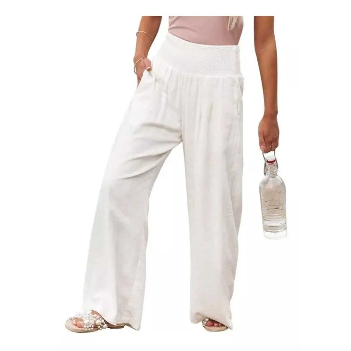 GIOIO - Pantalones Anchos De Lino Para Mujer Blanco