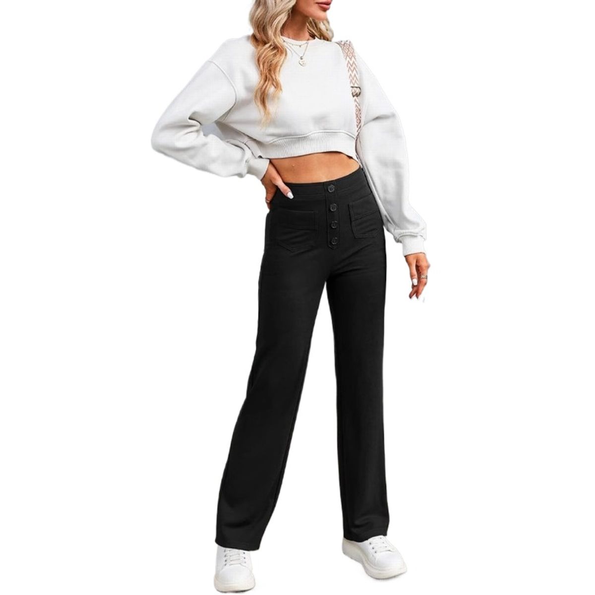 GIOIO - Pantalón Mujer Tiro Alto Recto Botones Negro