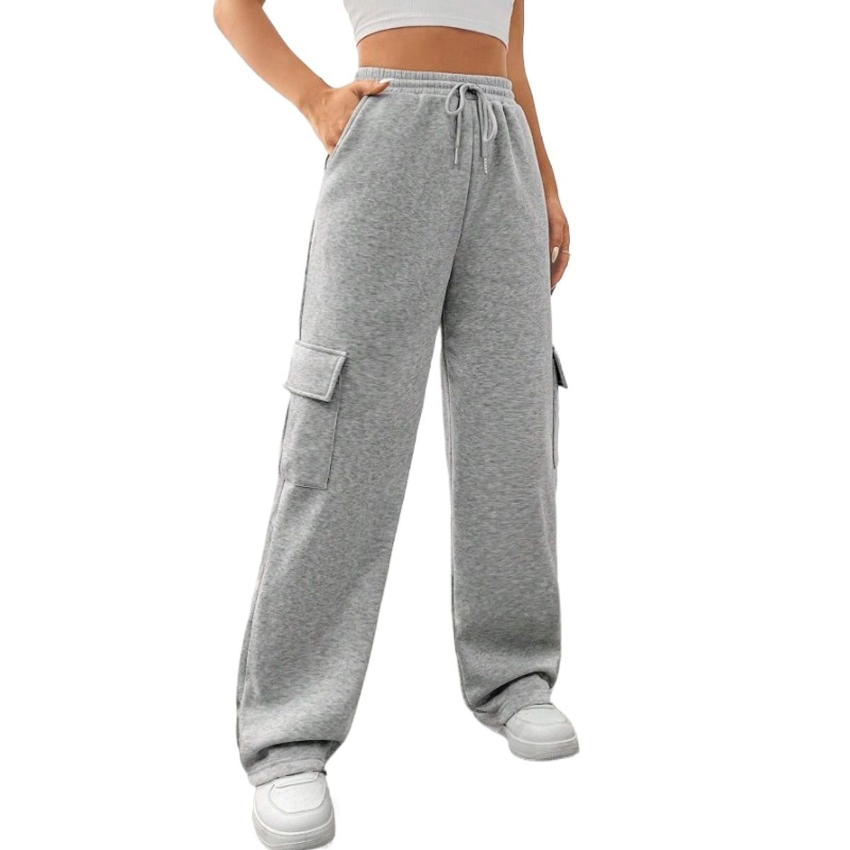 GIOIO - Pantalón Mujer Ancho Recto Bolsillos Gris