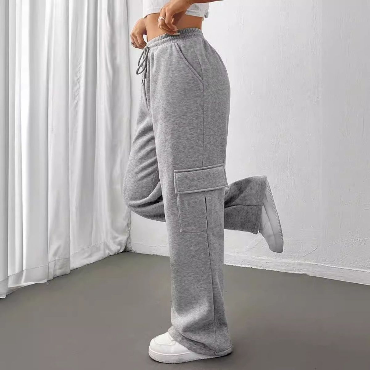 GIOIO - Pantalón Mujer Ancho Recto Bolsillos Gris