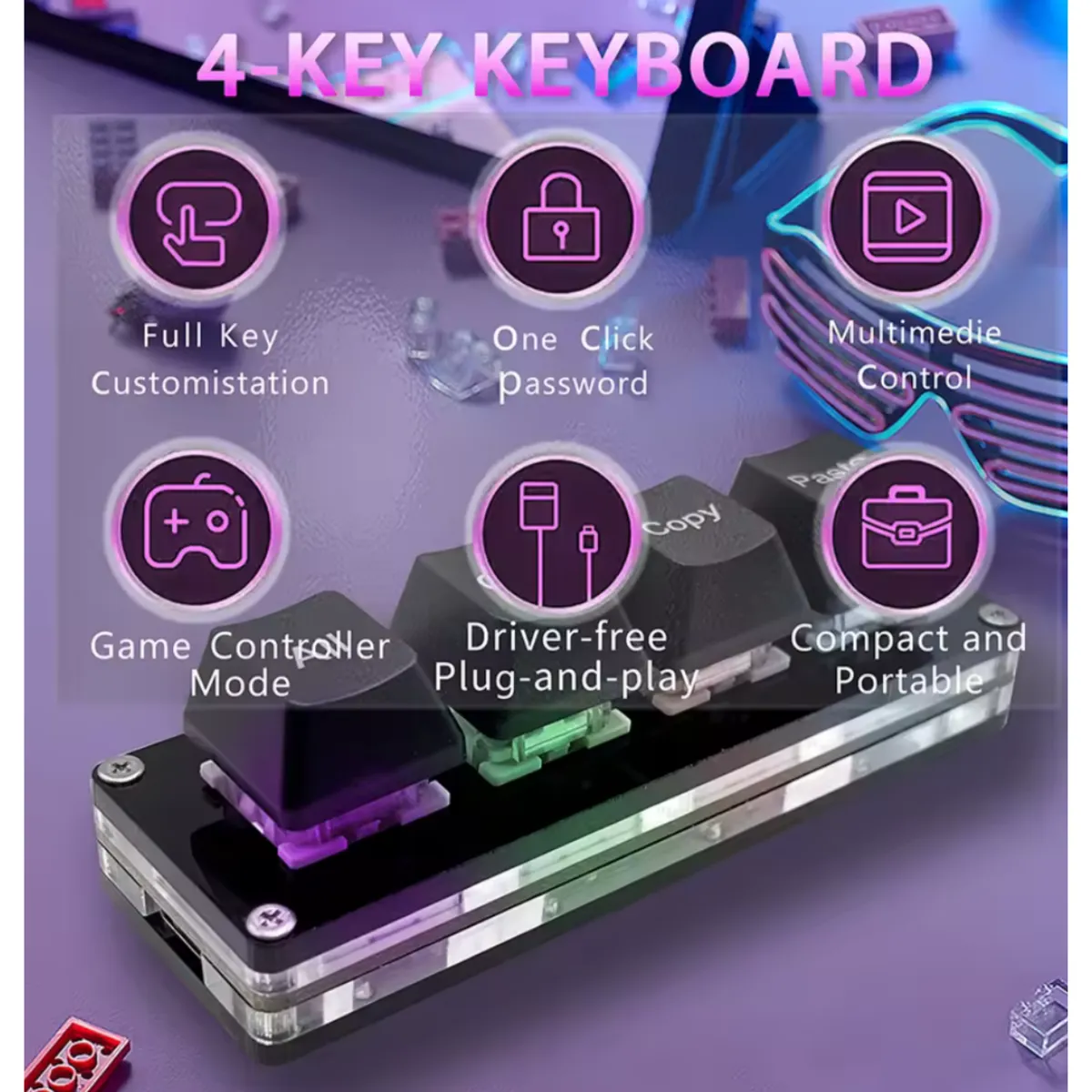 GENERICO - Mini Teclado Mecánico 4 Teclas RGB Para Juegos o Trabajo, negro