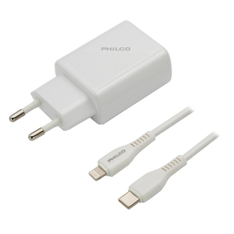 PHILCO - CARG DE PARED QUALCOM CPUERTO TIPO C Y CABLE LIGHNTNING - Blanco
