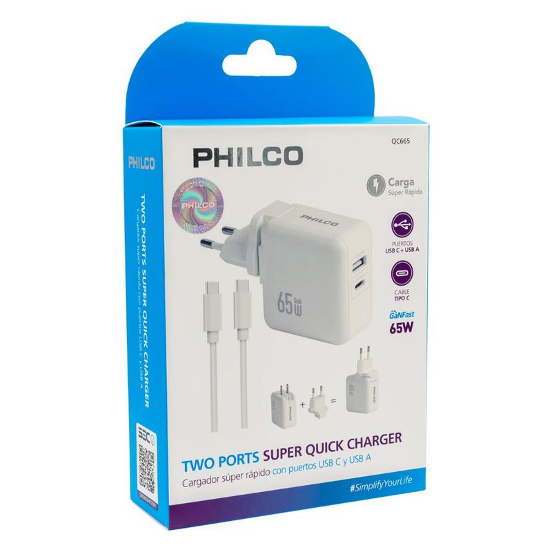 PHILCO - CARG DE PARED SUPER RAPIDO 65W USB A Y TIPO C - Blanco