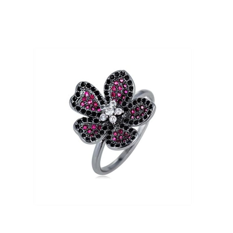 VANE COLLECTION - Anillo mujer flor fantasía fina baño rodio y circones blancos y fucsia