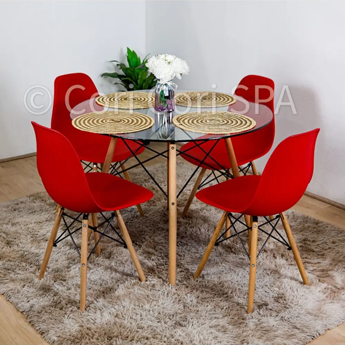 CORI CORI - Juego de Comedor Mesa Eames Vidrio 120cms + 4 Sillas Eames Rojo