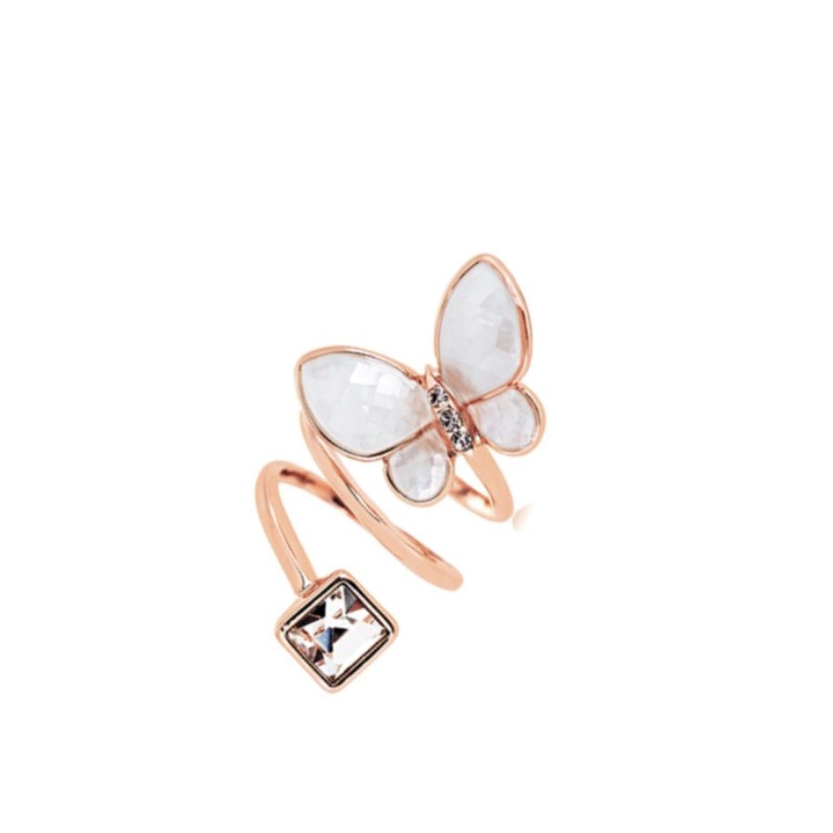VANE COLLECTION - Anillo para mujer forma mariposa en fantasía fina con baño de oro rosado, cristal y madre perla