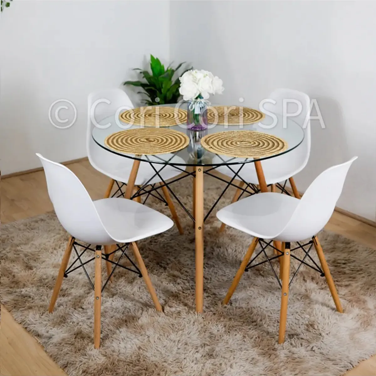 CORI CORI - Juego de Comedor Mesa Eames Vidrio 120cms + 4 Sillas Eames Blanco