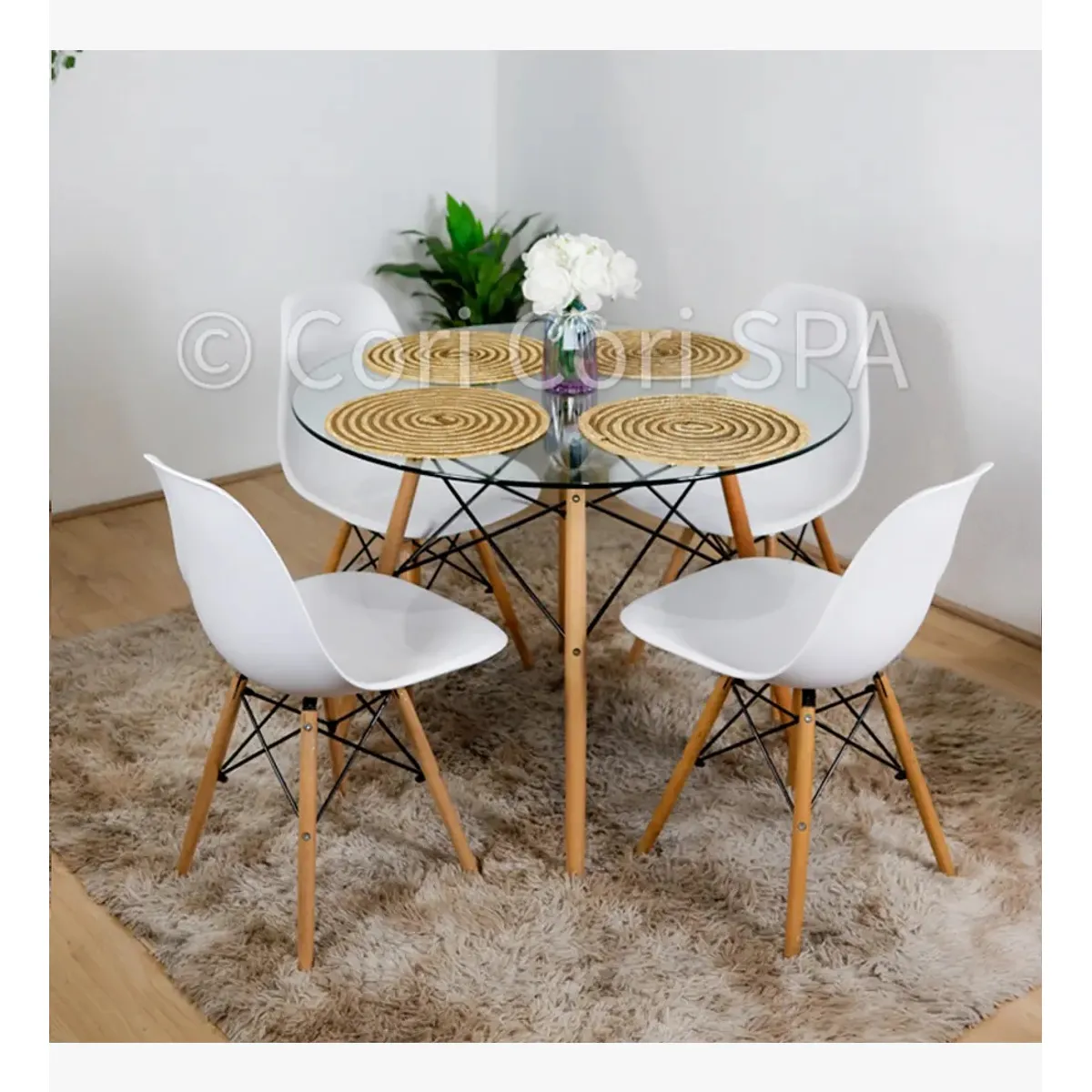 CORI CORI - Juego de Comedor Mesa Eames Vidrio 120cms + 4 Sillas Eames Blanco