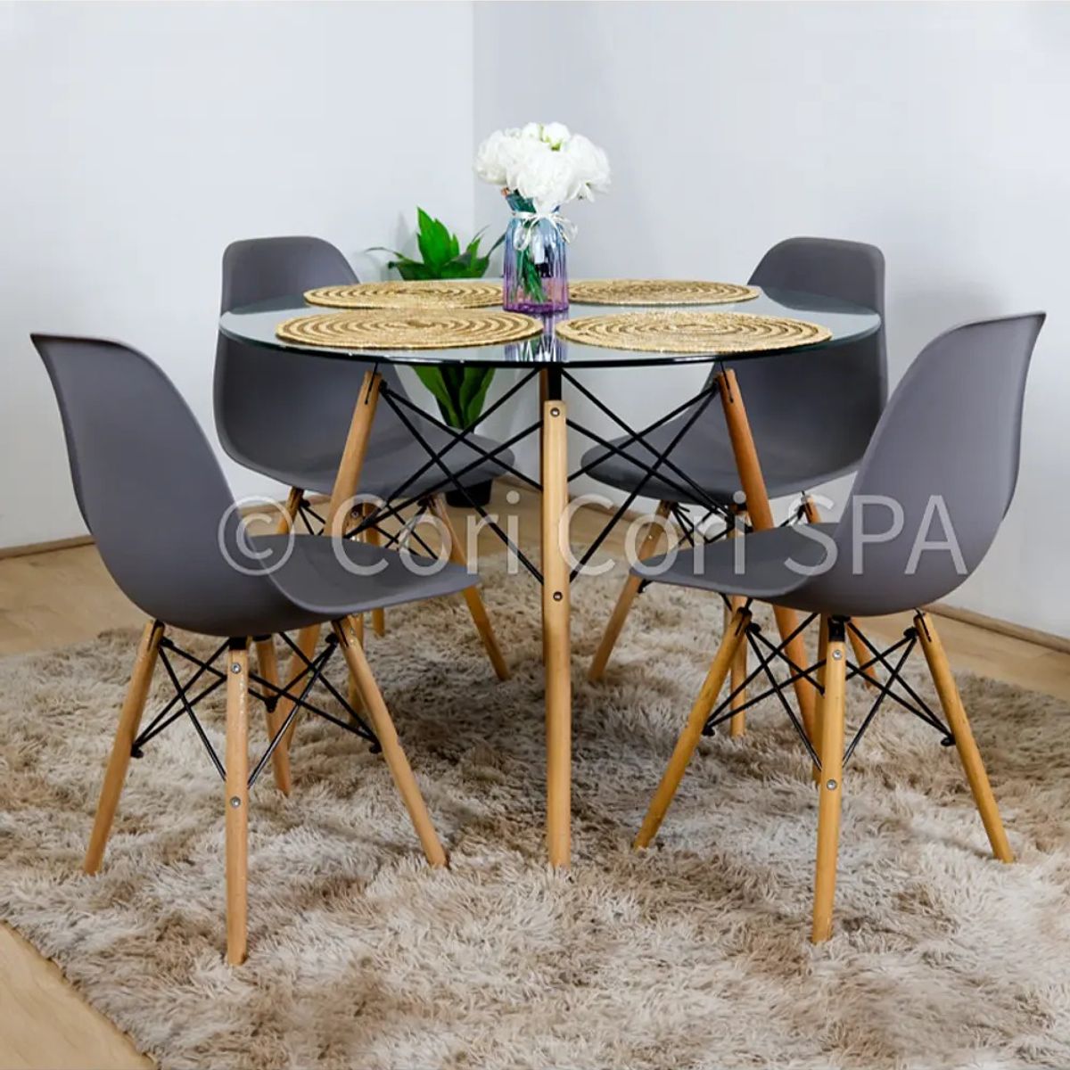CORI CORI - Juego de Comedor Mesa Eames Vidrio 120cms + 4 Sillas Eames Gris