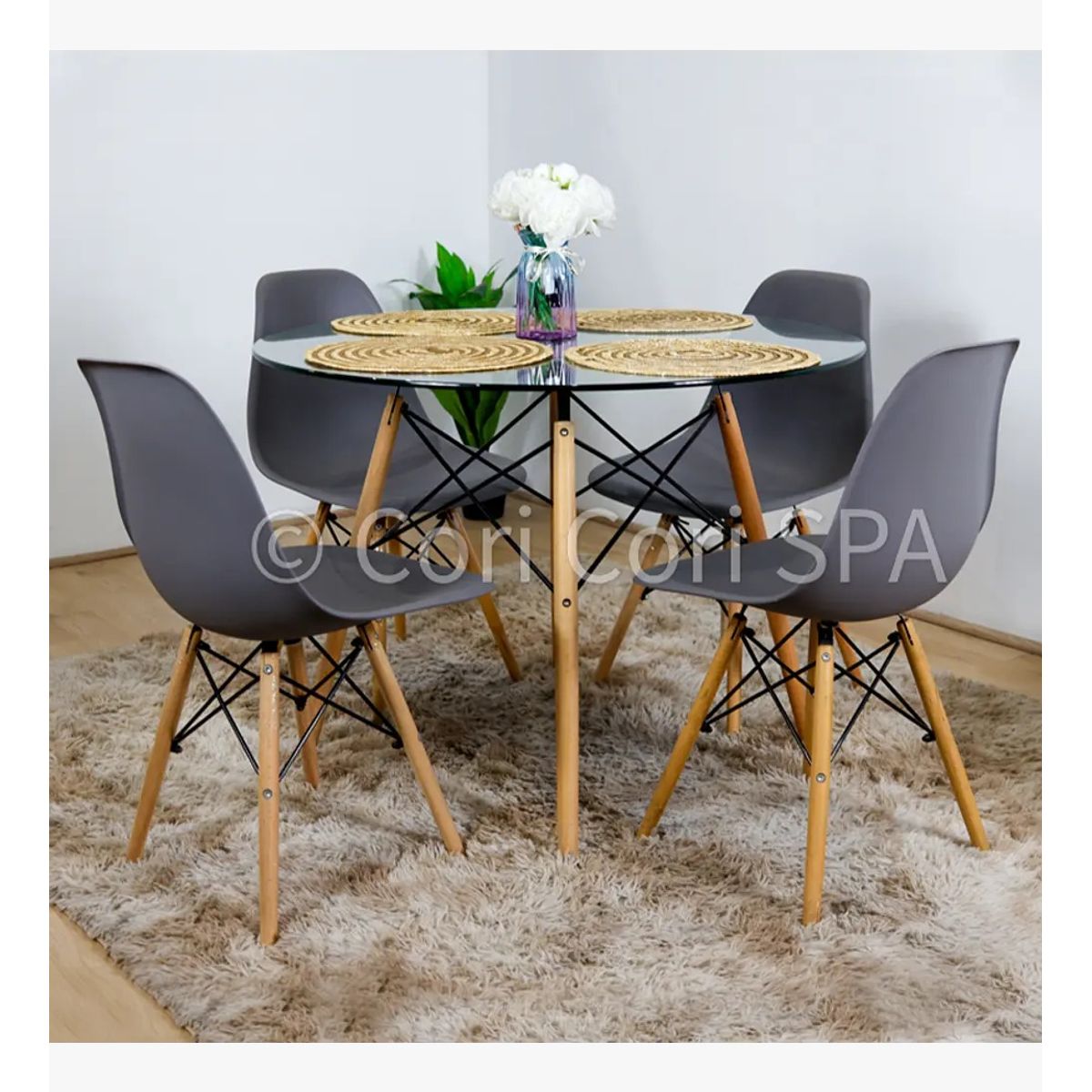 CORI CORI - Juego de Comedor Mesa Eames Vidrio 120cms + 4 Sillas Eames Gris