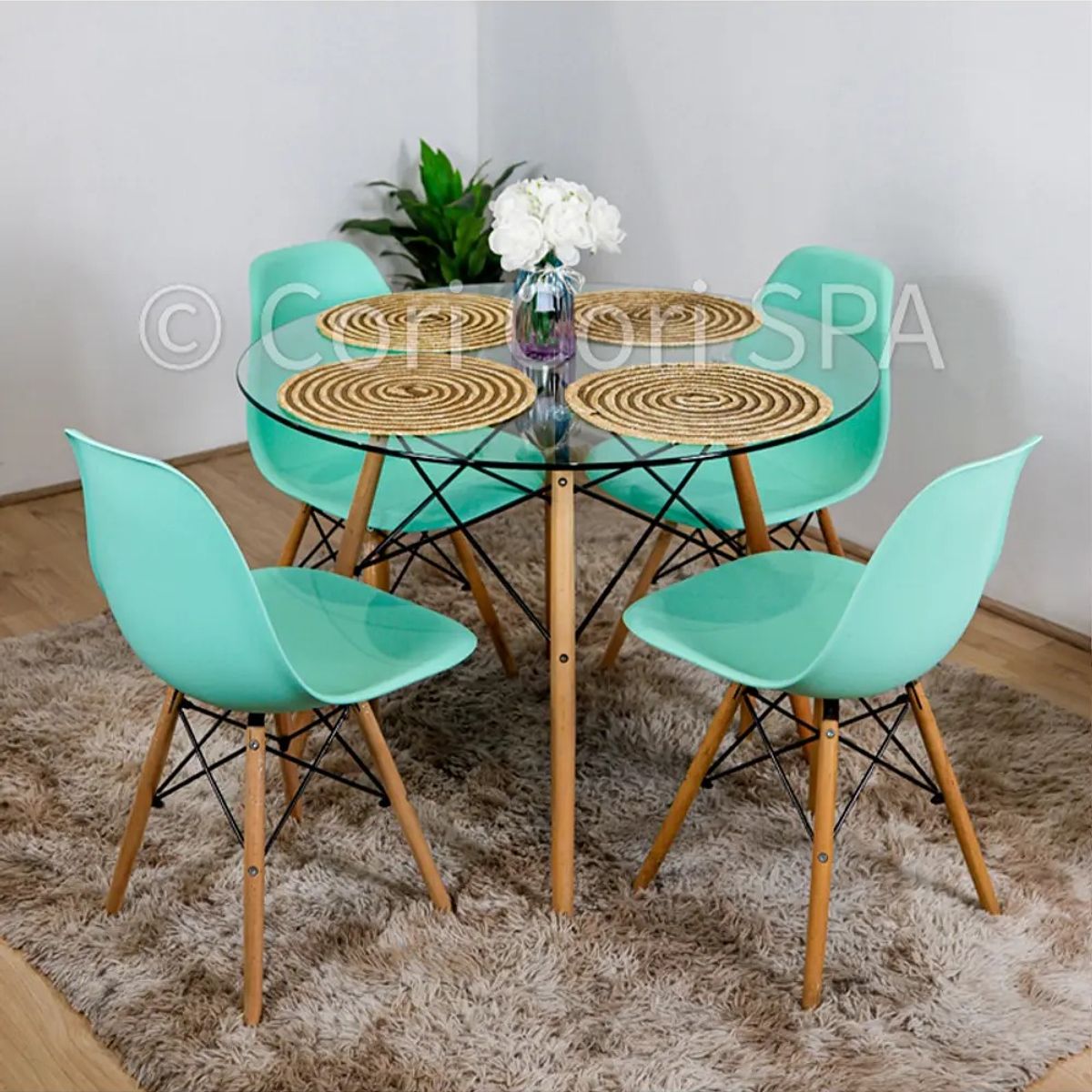 CORI CORI - Juego de Comedor Mesa Eames Vidrio 120cms + 4 Sillas Eames Menta