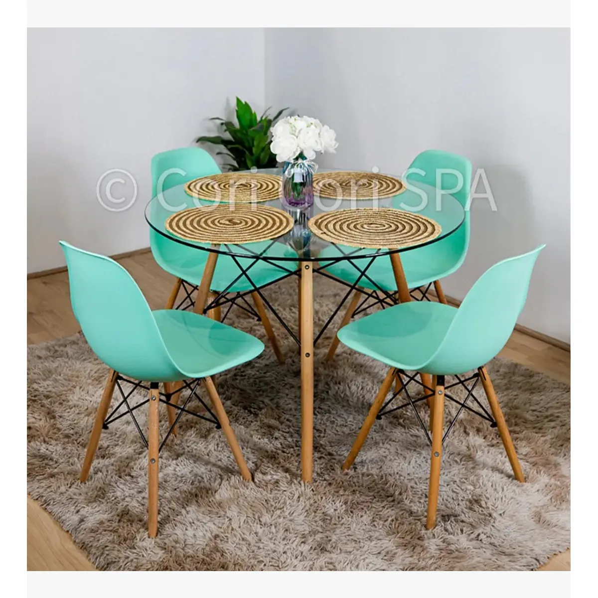 CORI CORI - Juego de Comedor Mesa Eames Vidrio 120cms + 4 Sillas Eames Menta