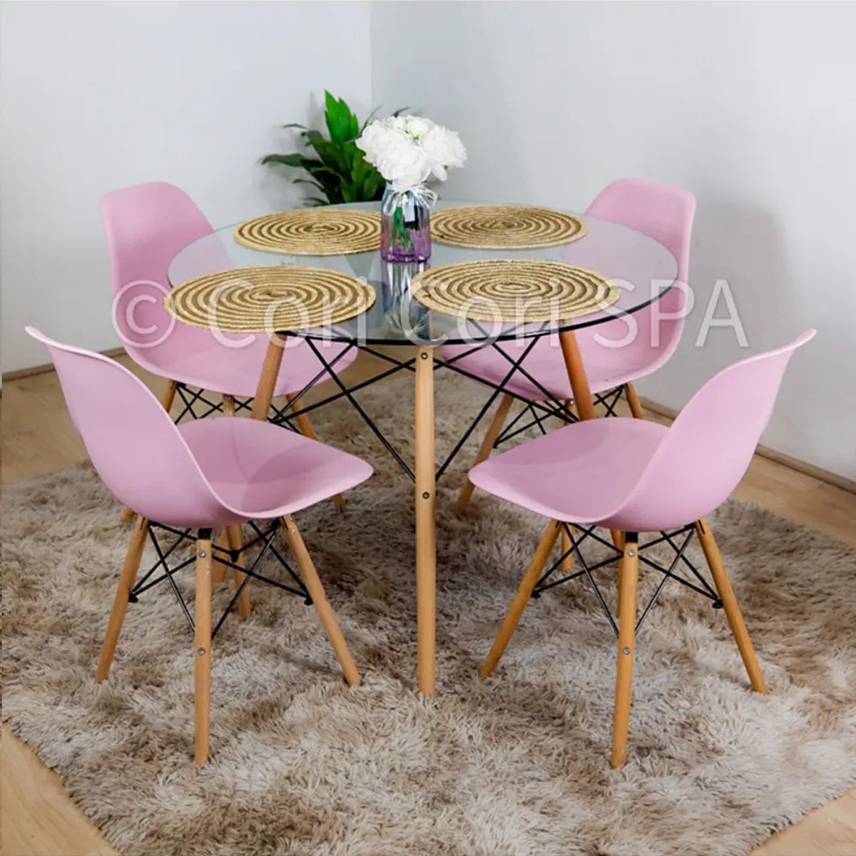 CORI CORI - Juego de Comedor Mesa Eames Vidrio 120CMS + 4 Sillas Eames Rosa