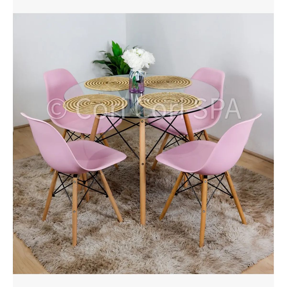 CORI CORI - Juego de Comedor Mesa Eames Vidrio 120CMS + 4 Sillas Eames Rosa