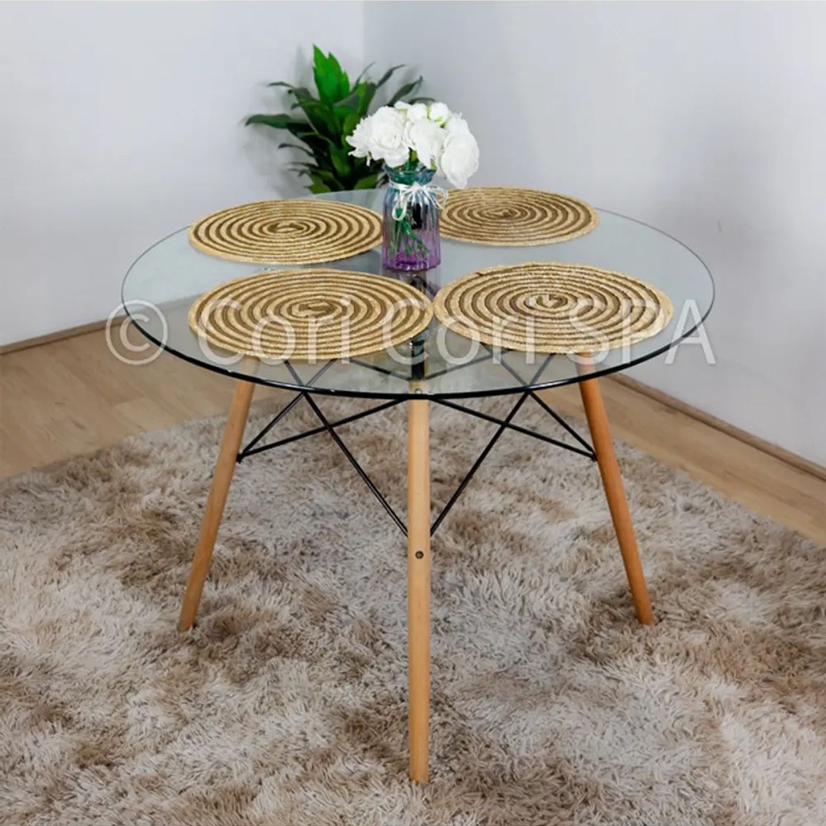 CORI CORI - Juego de Comedor Mesa Eames Vidrio 120CMS + 4 Sillas Eames Rosa