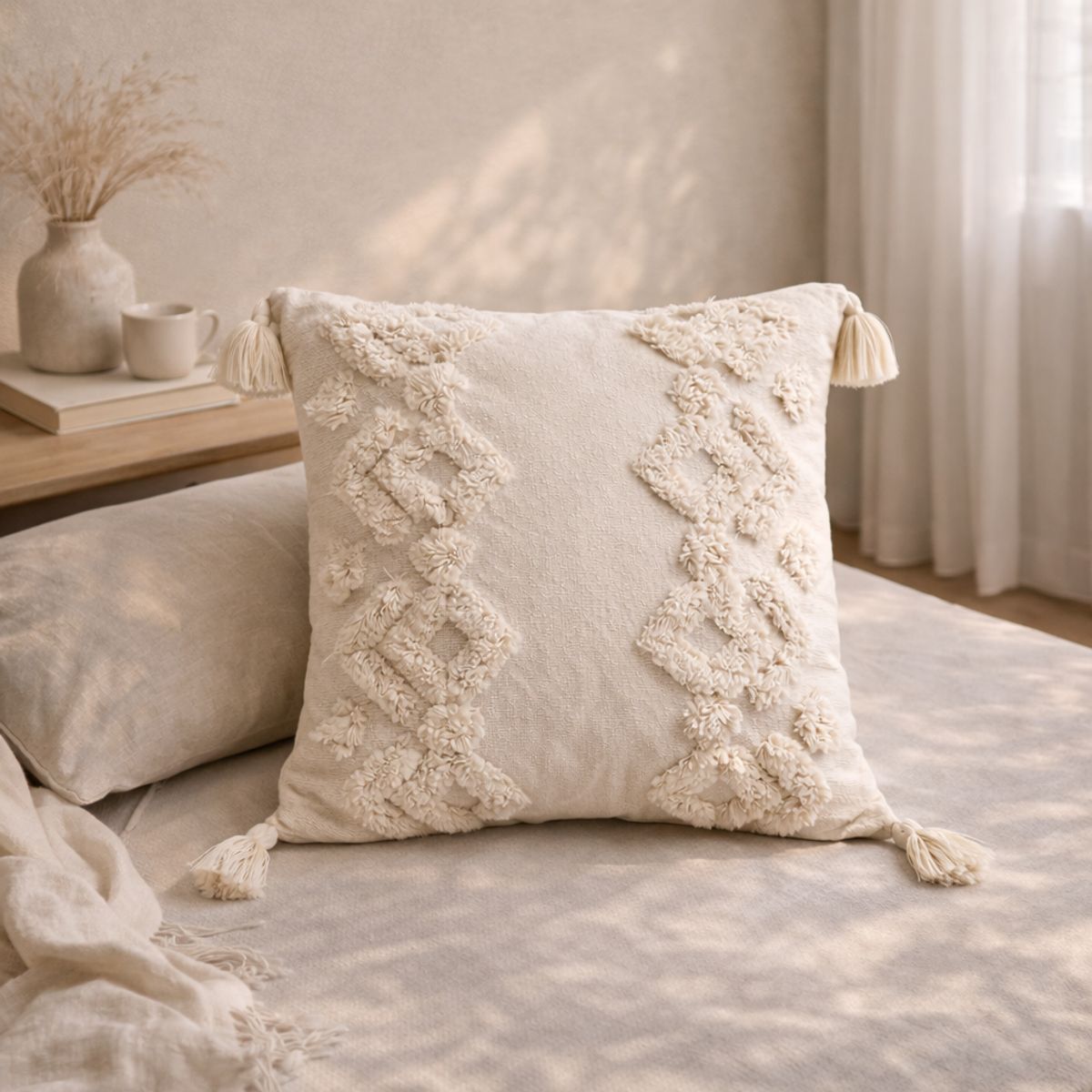 GENERICO - Funda de Cojín Boho Rombos Beige