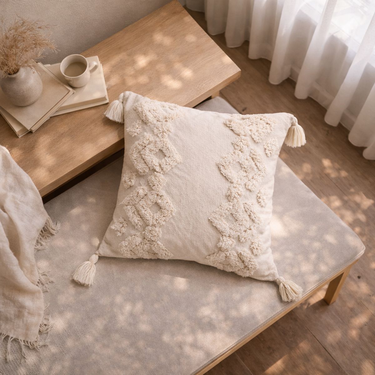 GENERICO - Funda de Cojín Boho Rombos Beige