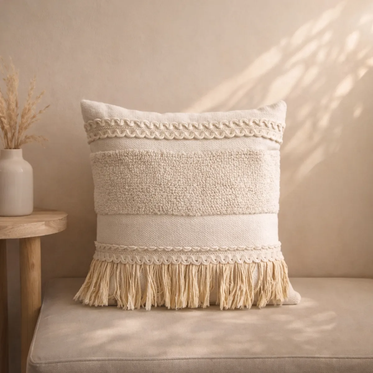 COLETTE - Funda de Cojín Boho Chic Flecos Beige