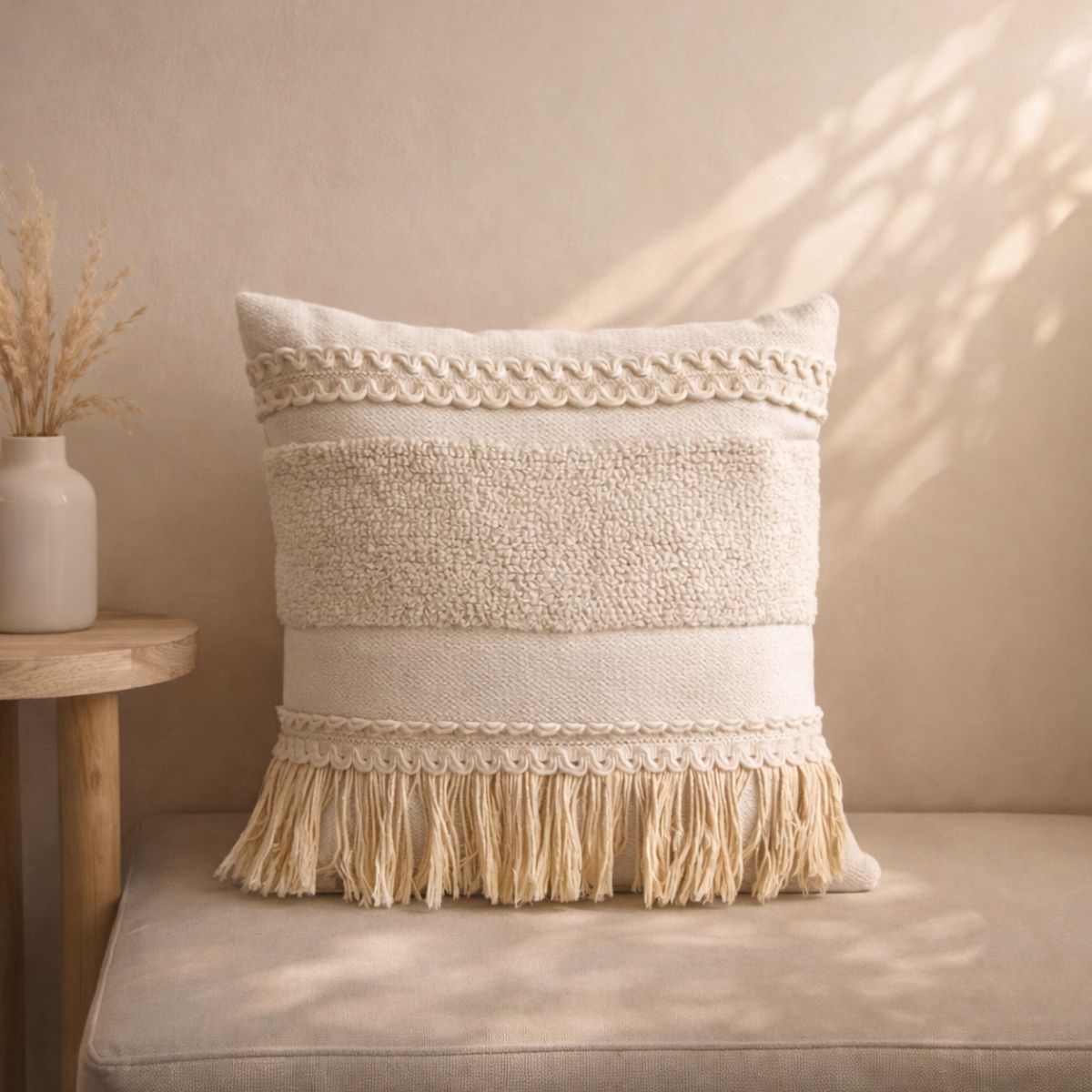 COLETTE - Funda de Cojín Boho Chic Flecos Beige