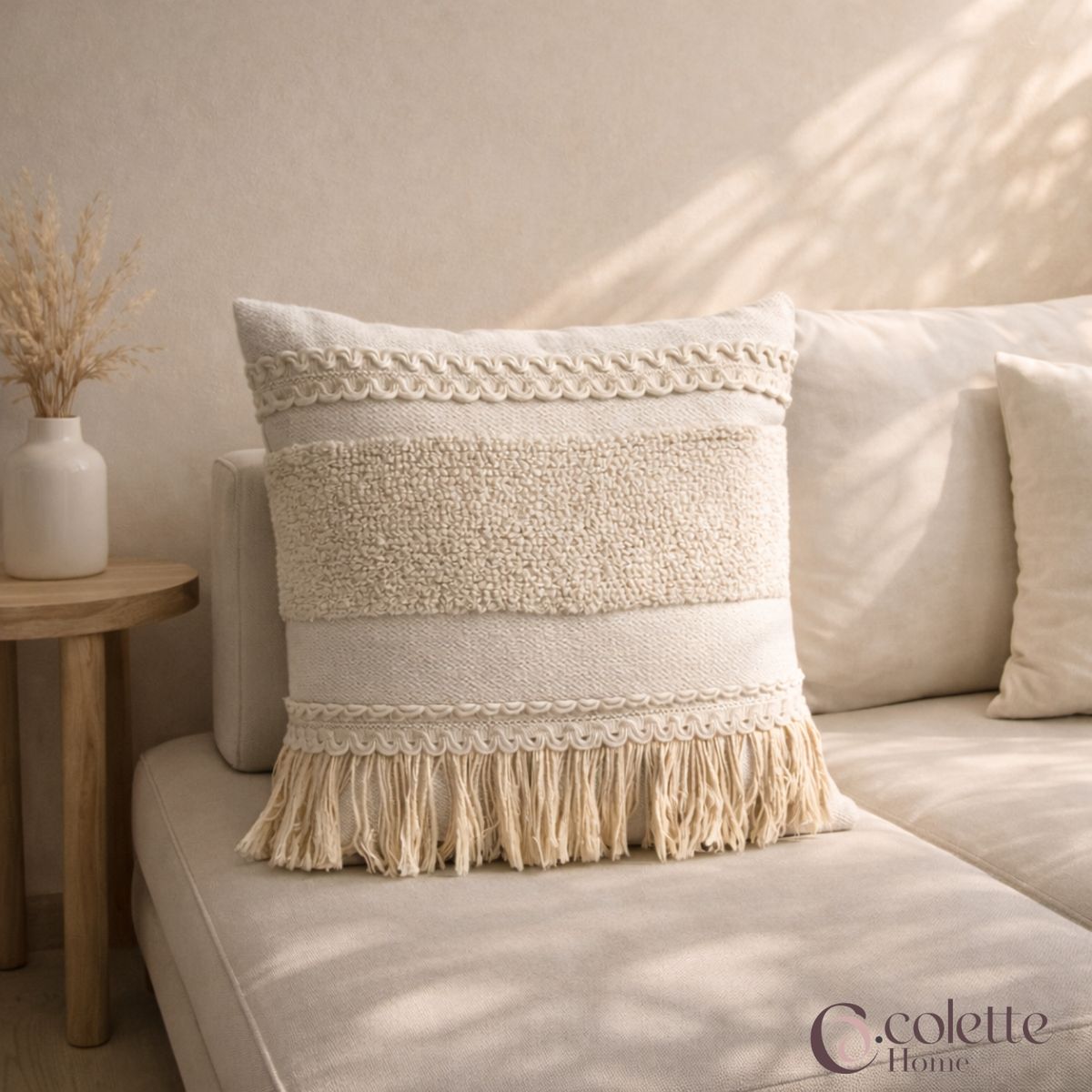 COLETTE - Funda de Cojín Boho Chic Flecos Beige