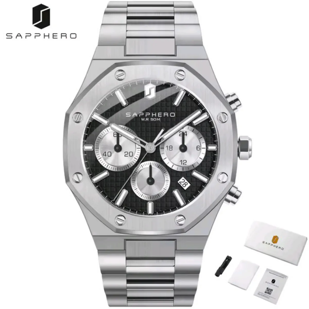 SAPPHIRE - Reloj  Sapphero Cronografo Hombre Octagonal de Acero Inoxidable  Cuarzo