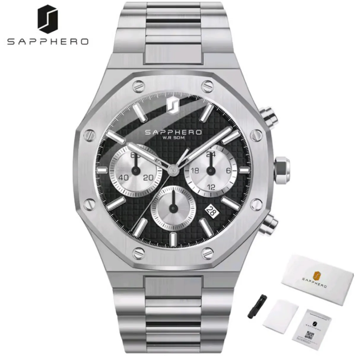 SAPPHIRE - Reloj  Sapphero Cronografo Hombre Octagonal de Acero Inoxidable  Cuarzo