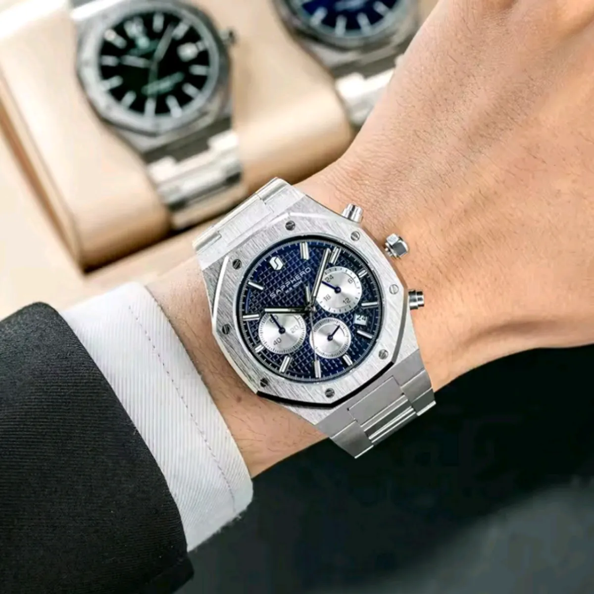 SAPPHIRE - Reloj  Sapphero Cronografo Hombre Octagonal de Acero Inoxidable  Cuarzo