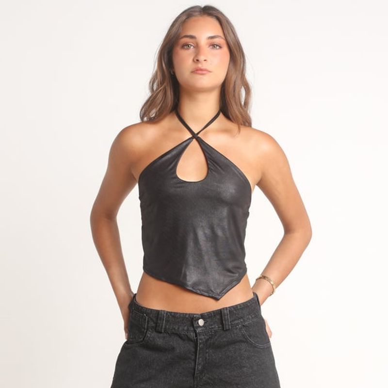 ME QUIERE MUCHO POQUITO NADA - Crop Top Negro Asimétrico Engomado con Escote Redondo - María - MQM