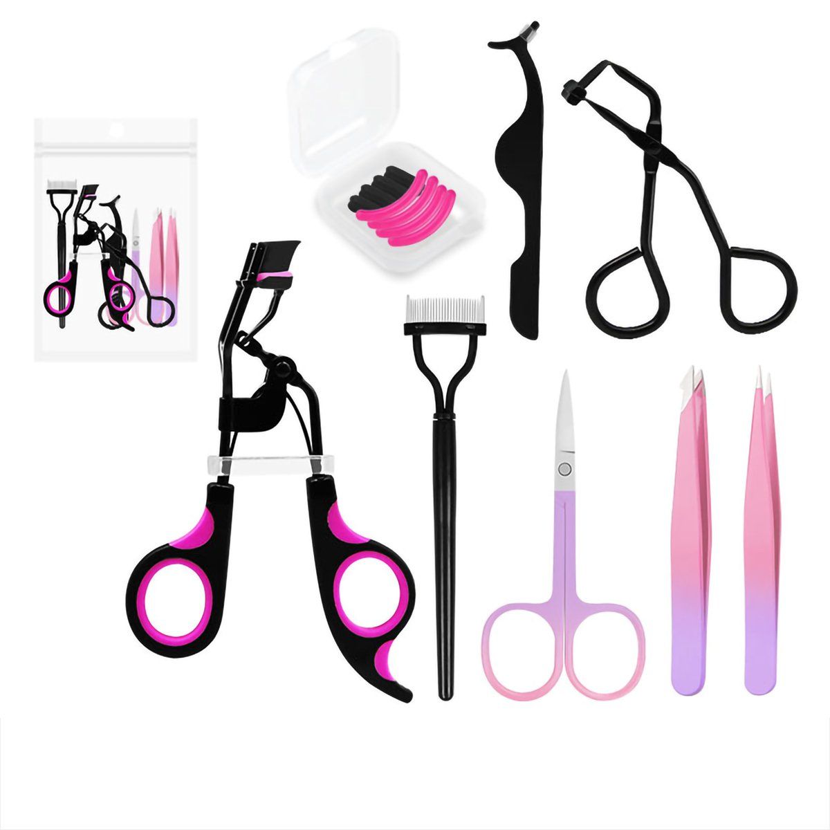 GENERICO - Kit Rizador Pestañas Enchinador Set Con Tira Pinzas Peine 8Pcs