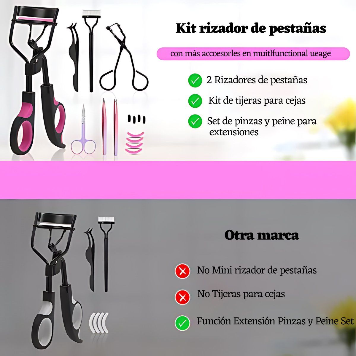 GENERICO - Kit Rizador Pestañas Enchinador Set Con Tira Pinzas Peine 8Pcs