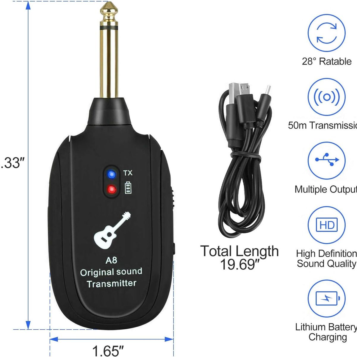 KUANGYE - Sistema Inalámbrico Guitarra bajo - A8 - Kit Completo