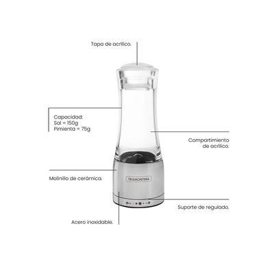 Imagen 2 del producto Molinillo Realce para sal o pimienta de acrílico y acero inoxidable con molino de cerámica