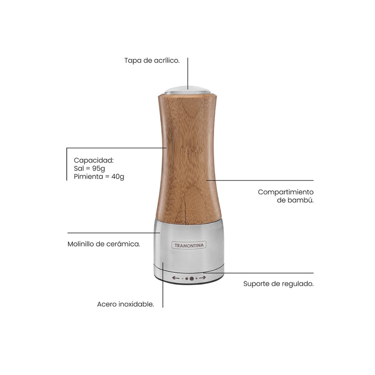 TRAMONTINA - Molinillo Tramontina Realce para sal o pimienta de bambú y acero inoxidable con molino de cerámica
