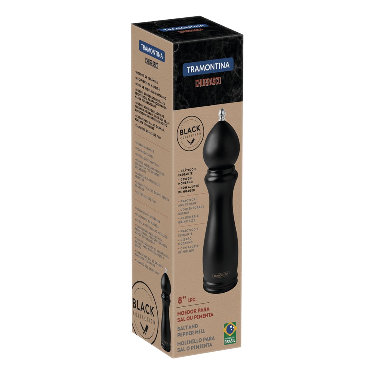 TRAMONTINA - Molinillo de Sal o Pimienta Tramontina Churrasco Black en Cerámica con Recipiente de Madera 8"