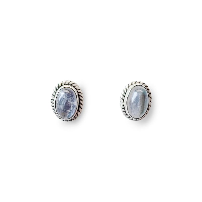 ANDREA COGGIOLA JOYAS - Aros Botón Óvalo Trenzado Piedra Luna Plata Fina 925