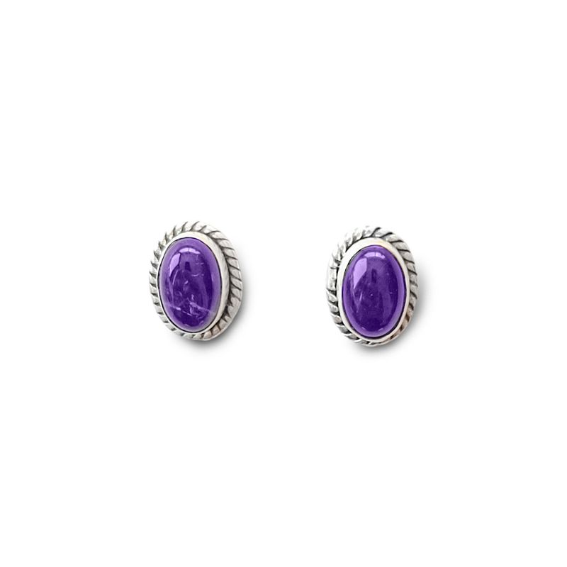 ANDREA COGGIOLA JOYAS - Aros Botón Óvalo Trenzado Amatista Plata Fina 925