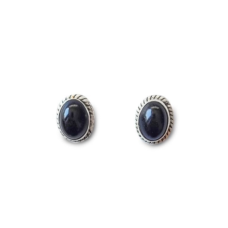 Aros Boton Ovalo Trenzado Onix Plata Fina 925 Negro TALLA UNICA