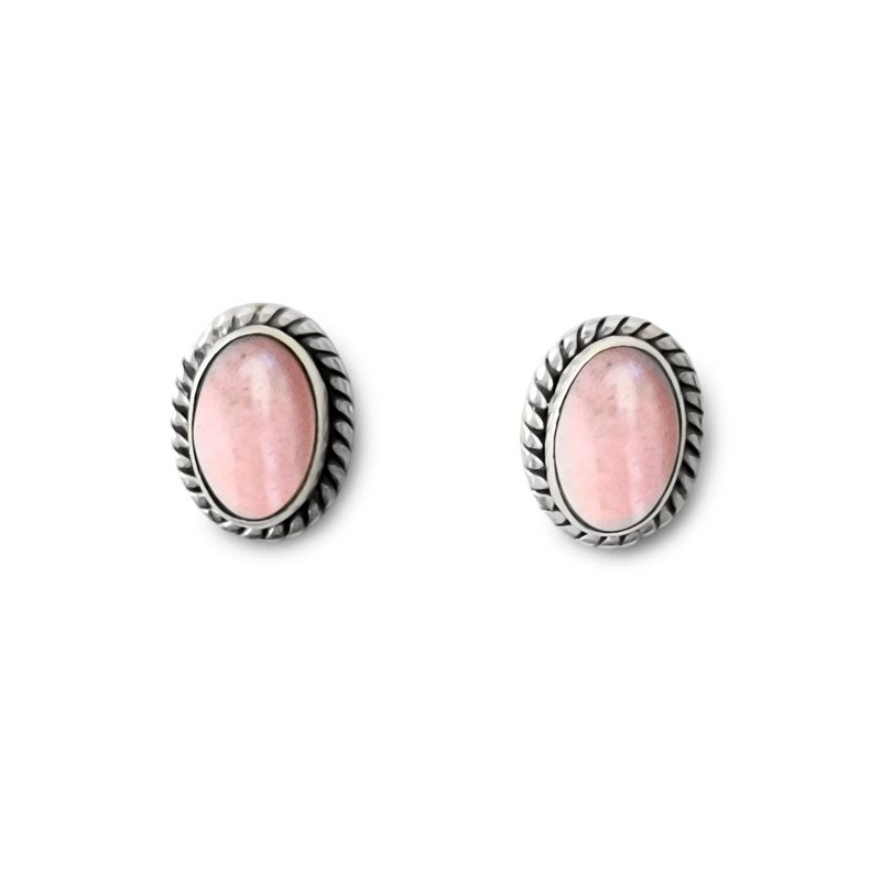 ANDREA COGGIOLA JOYAS - Aros Botón Óvalo Trenzado Cuarzo Rosa Plata Fina 925