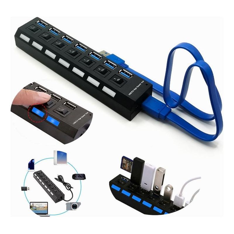 GENERICO - Divisor USB 3.0 de 7 Puertos con Interruptores y Carga Rápida