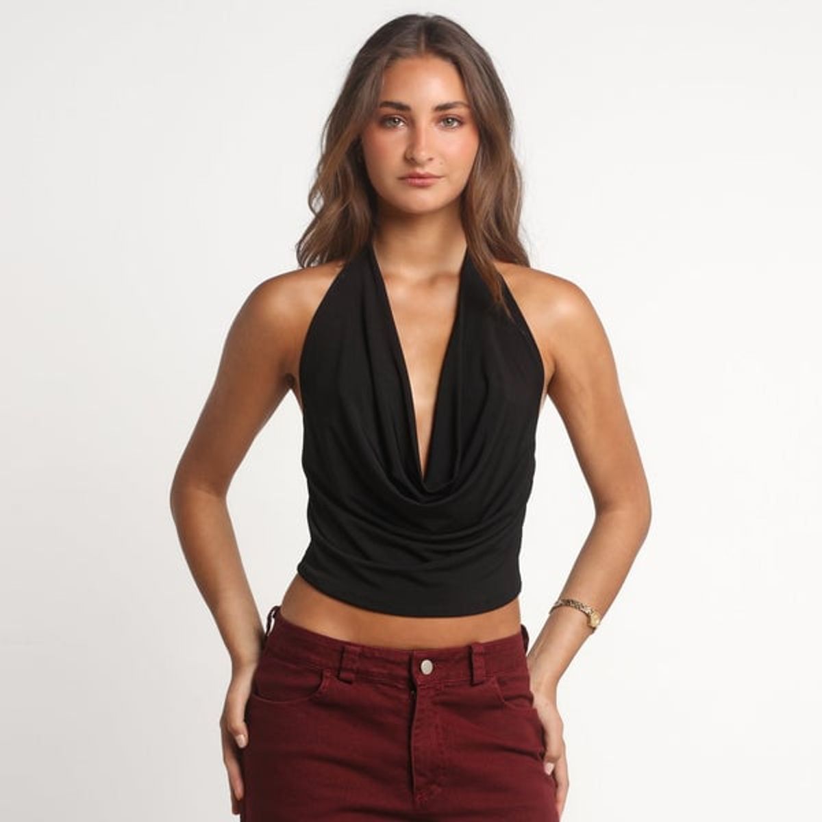 ME QUIERE MUCHO POQUITO NADA - Crop Top Polera Negra Escote Drapeado Sin Mangas - Irene - MQM