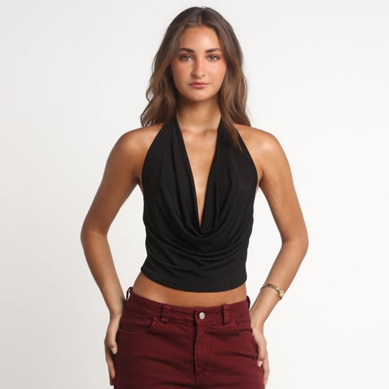 ME QUIERE MUCHO POQUITO NADA - Crop Top Negro Escote Drapeado Sin Mangas- Irene - MQM