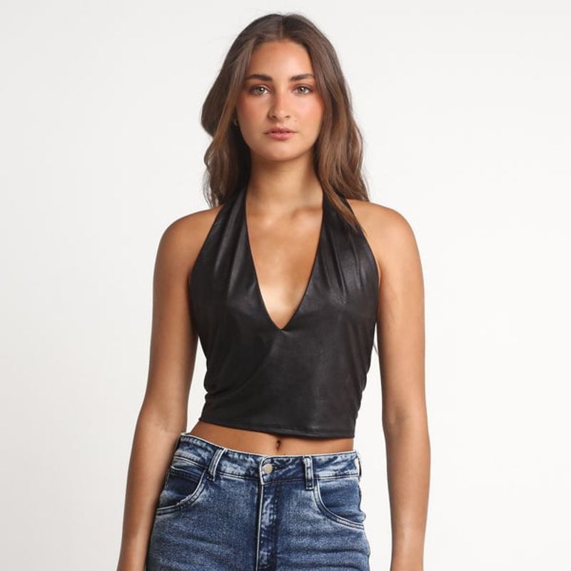 ME QUIERE MUCHO POQUITO NADA - Crop Top Negro Escote en V Profundo Engomado - Niza - MQM