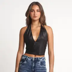 ME QUIERE MUCHO POQUITO NADA - Crop Top Negro Escote en V Profundo Engomado - Niza - MQM