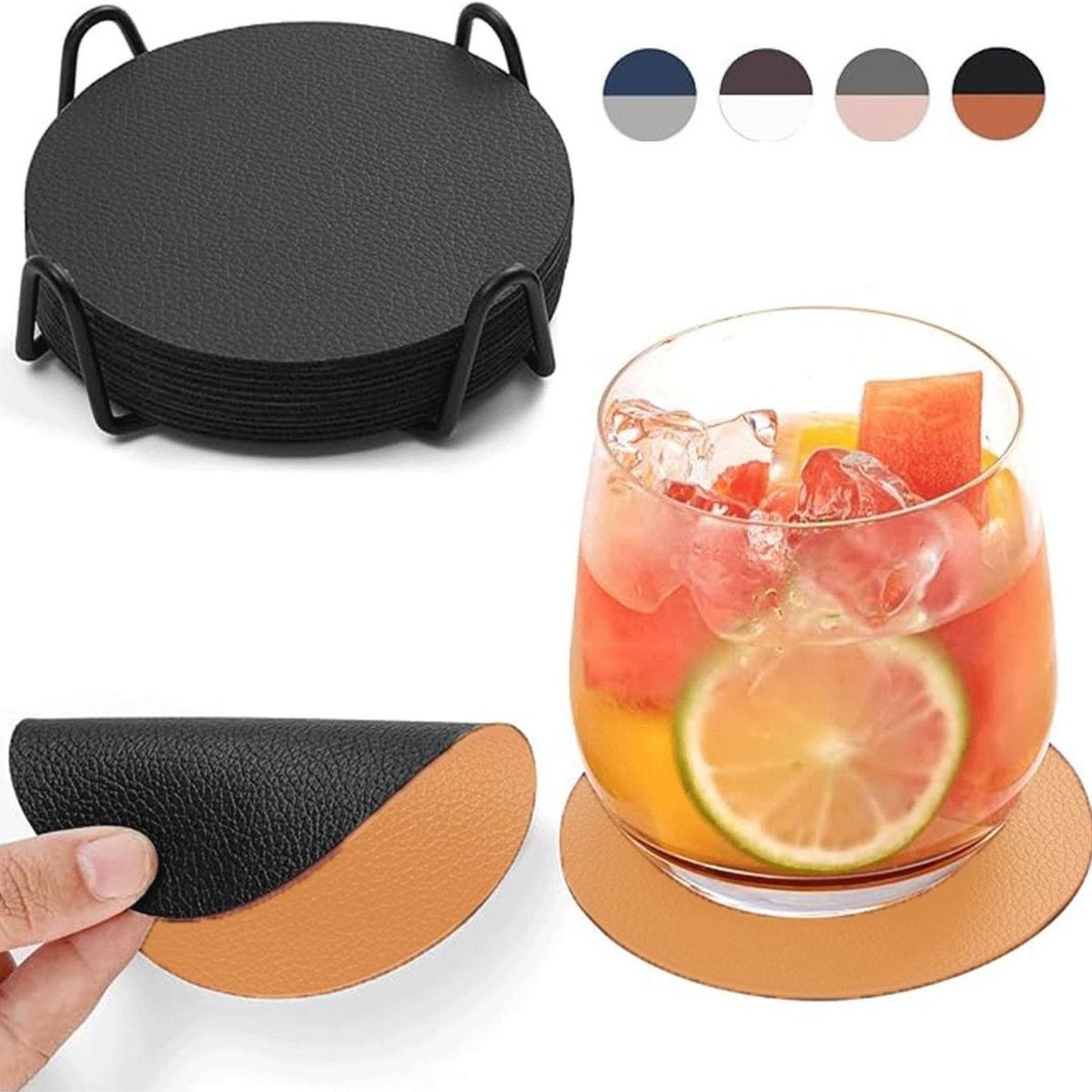 AZ AURAZEUS - Set 4 Posavasos Ecocuero Antimanchas Impermeables 2 en 1